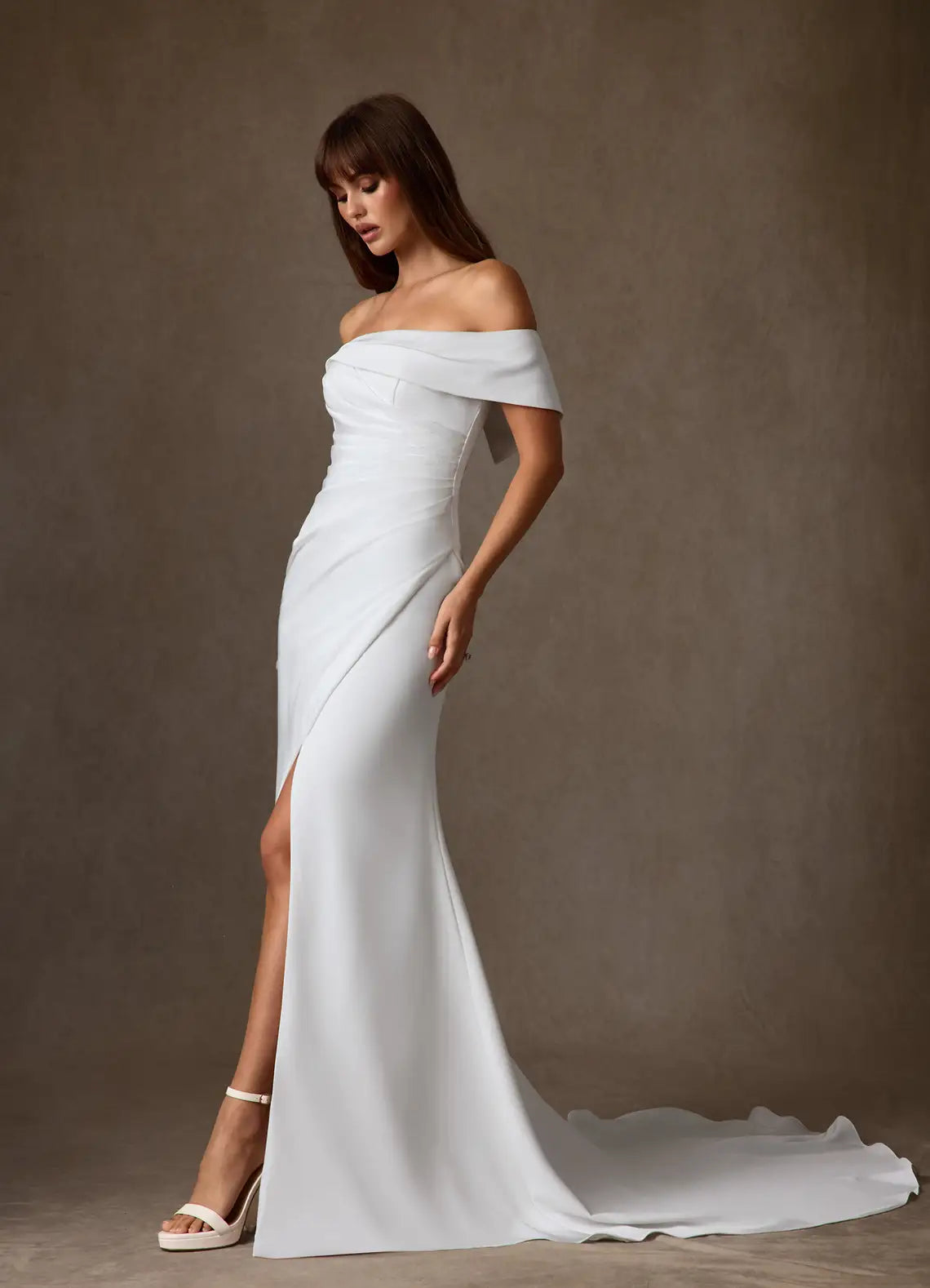 Luxurious smooth crepe construction Off-the-Shoulder Crepe Mermaid Wedding Dress with Slit Detail