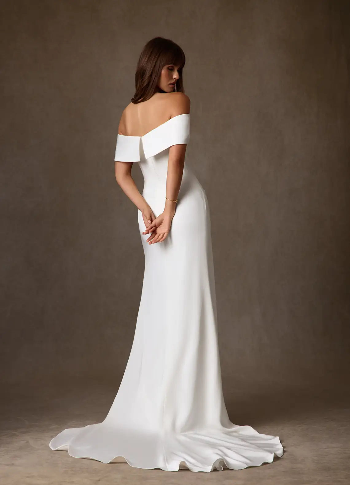 Luxurious smooth crepe construction Off-the-Shoulder Crepe Mermaid Wedding Dress with Slit Detail