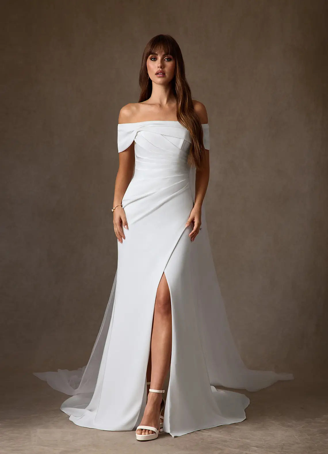 Luxurious smooth crepe construction Off-the-Shoulder Crepe Mermaid Wedding Dress with Slit Detail