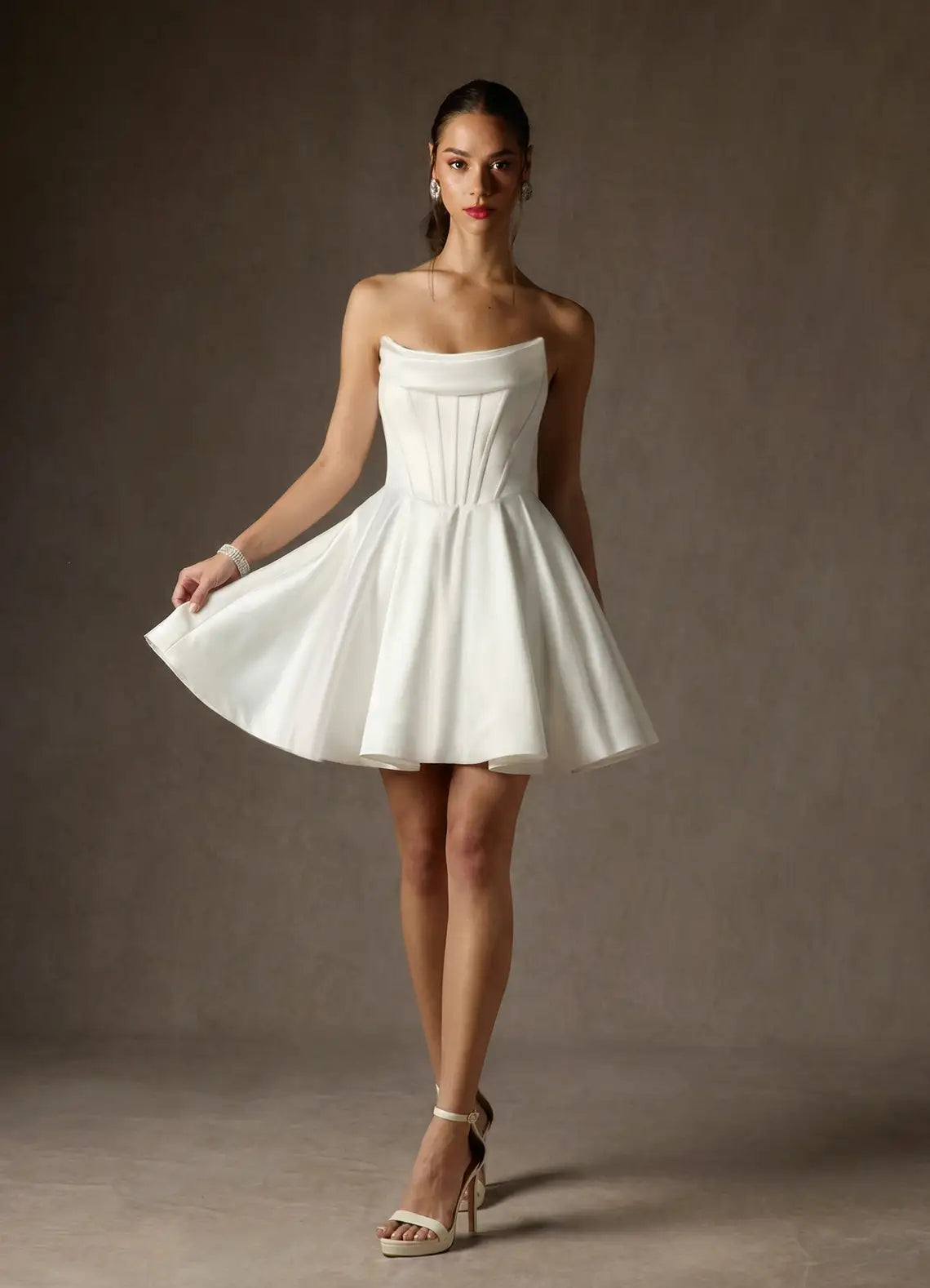Luxurious smooth satin Construction Strapless Cowl Neck Satin Corset Mini Wedding Dress