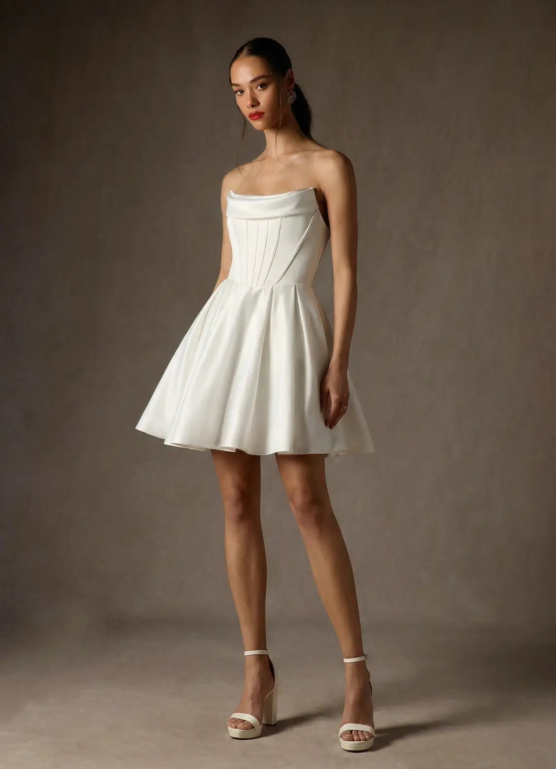 Luxurious smooth satin Construction Strapless Cowl Neck Satin Corset Mini Wedding Dress