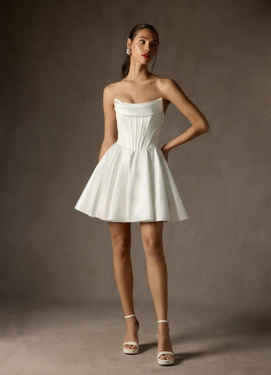 Luxurious smooth satin Construction Strapless Cowl Neck Satin Corset Mini Wedding Dress