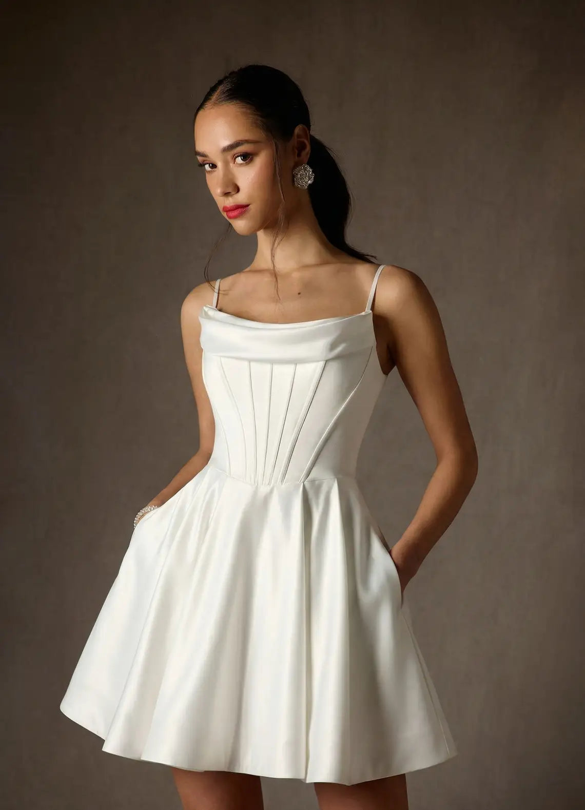 Luxurious smooth satin Construction Strapless Cowl Neck Satin Corset Mini Wedding Dress