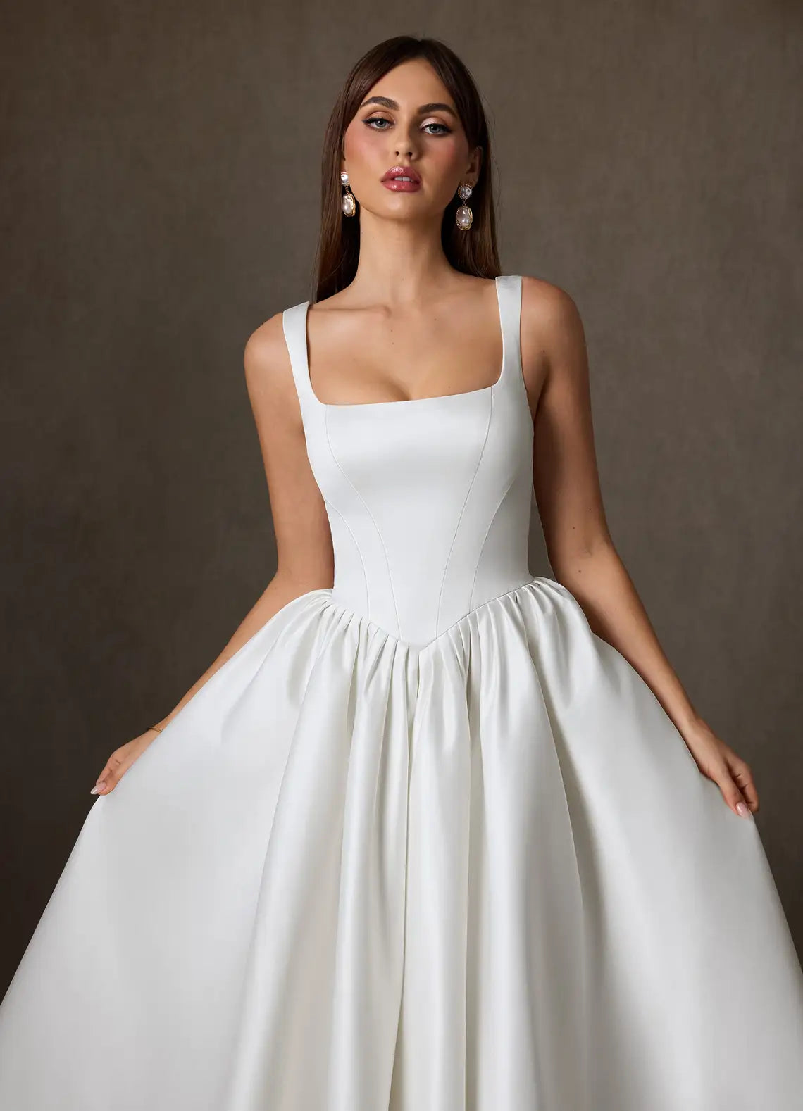 Luxurious smooth satin construction Square Neck Satin Midi Ball Gown Wedding Dress