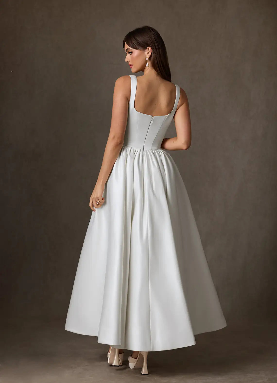 Luxurious smooth satin construction Square Neck Satin Midi Ball Gown Wedding Dress