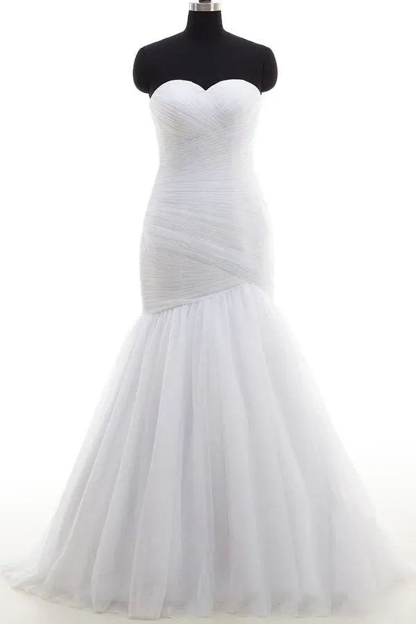 Luxurious tulle construction Strapless Ruched Tulle Mermaid Wedding Dress with Sweetheart Neckline
