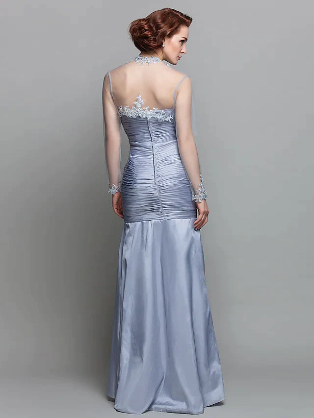 Mother of the Bride Dress Wrap Included Strapless Floor Length Lace Taffeta Long Sleeve with Ruched Beading Appliques