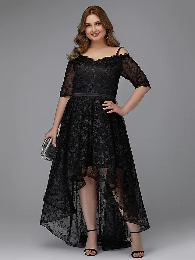 DingjiA-Line Plus Size Cocktail Party Prom Dress Spaghetti Strap Half Sleeve Asymmetrical Lace with Pleats Lace Insert