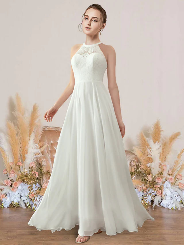 A-Line Wedding Dresses Jewel Neck Floor Length Chiffon Lace Sleeveless Romance Beach with Pleats