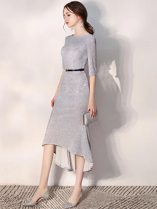 DingjiGlittering Elegant Homecoming Cocktail Party Dress Jewel Neck Long Sleeve Tea Length Sequined with Sash Ribbon Sequin Ruffles