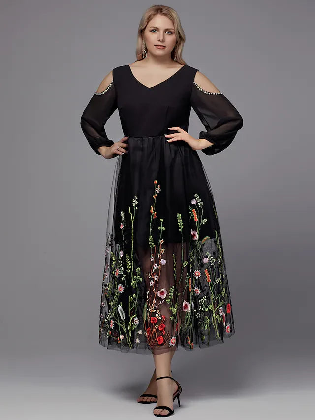 DingjiA-Line Plus Size Holiday Cocktail Party Valentine's Day Dress V Neck 3 Length Sleeve Tea Length Tulle with Beading Appliques
