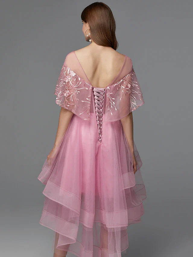 DingjiA-Line Elegant High Low Holiday Cocktail Party Prom Dress Illusion Neck Sleeveless Asymmetrical Lace Tulle with Lace Insert
