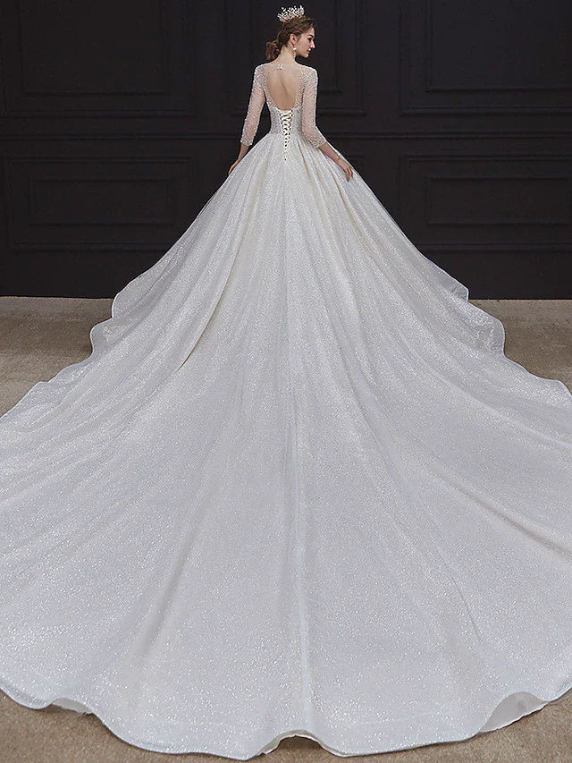 DingjiPrincess Ball Gown Wedding Dresses Jewel Neck Chapel Train Lace Tulle Sequined Long Sleeve Formal Romantic Luxurious Sparkle & Shine with Beading Sequin