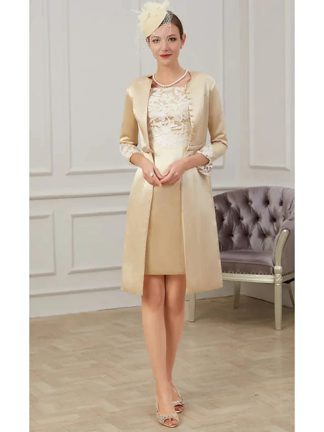 Mother of the Bride Dress Plus Size Jewel Neck Knee Length Lace Polyester 3/4 Length Sleeve with Lace Appliques Ruching