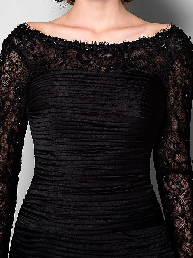 Mother of the Bride Dress Beautiful Back Jewel Neck Lace Jersey Long Sleeve with Lace Ruched Beading