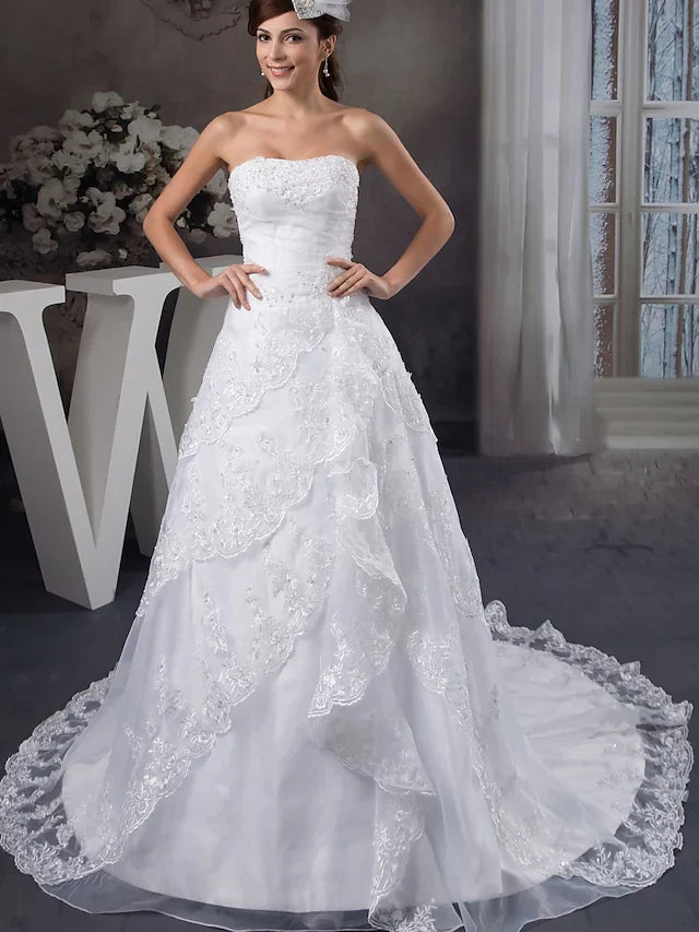 DingjiA-Line Wedding Dresses Strapless Chapel Train Lace Organza Satin Strapless with Beading Appliques Cascading Ruffles