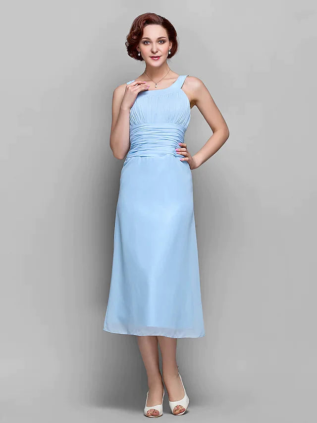 Mother of the Bride Dress Elegant Straps Tea Length Chiffon Sleeveless with Ruched Draping