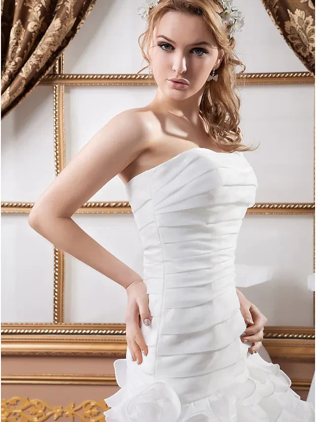 DingjiA-Line Wedding Dresses Strapless Floor Length Organza Satin Strapless with Ruched Cascading Ruffles