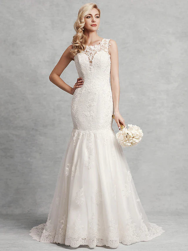 DingjiWedding Dresses Scoop Neck Court Train Lace Satin Tulle Regular Straps Beautiful Back with Lace Appliques