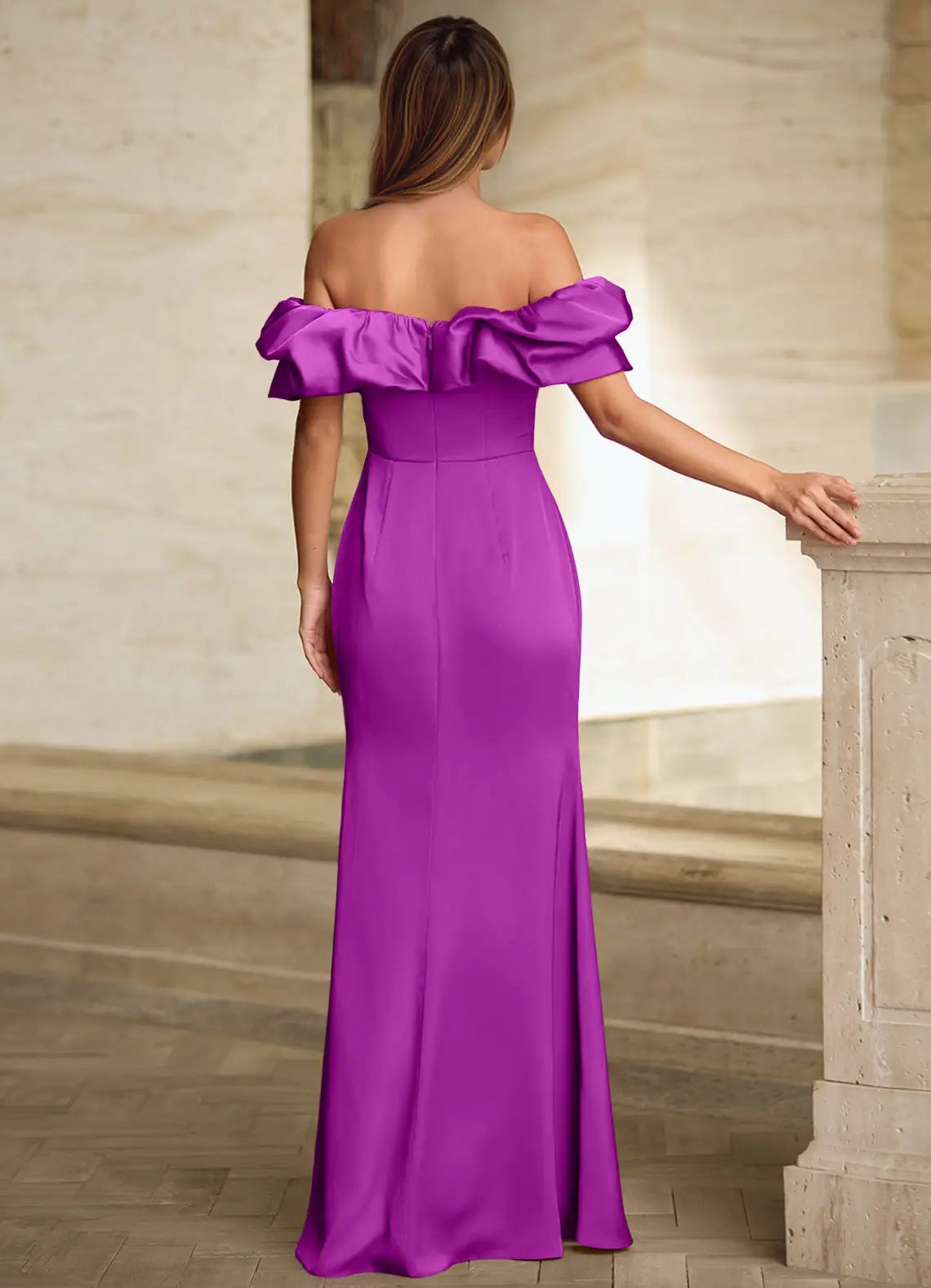 Magenta Off Shoulder Ruffle High Slit Satin Prom Dresses