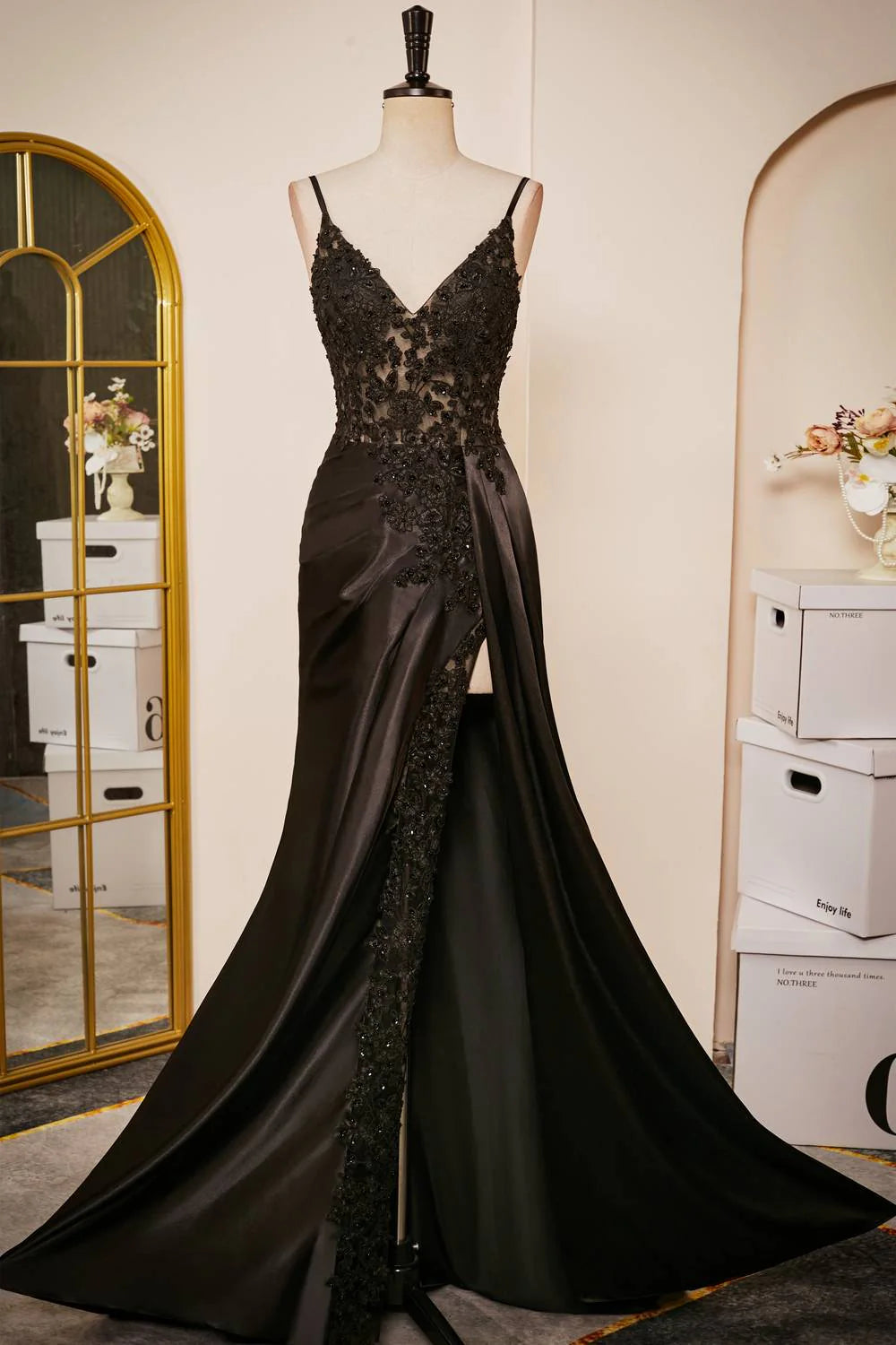 Black Mermaid Backless Lace Prom Dresses Floor-Length Evening Gowns