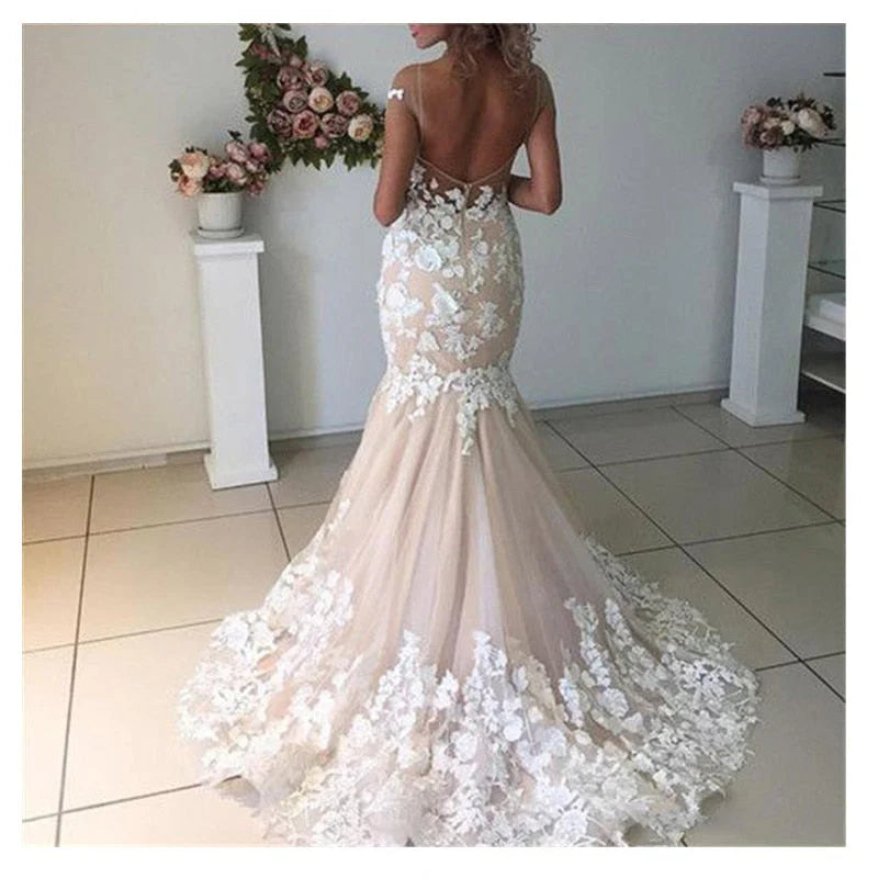 Mermaid Light Pink Backless Lace Appliques Wedding Dresses