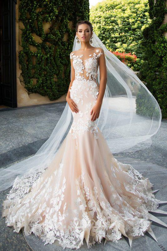 Dingji WeddingjiDress Mermaid Light Pink Lace Appliques Wedding Dresses Short Sleeve Bride Dress