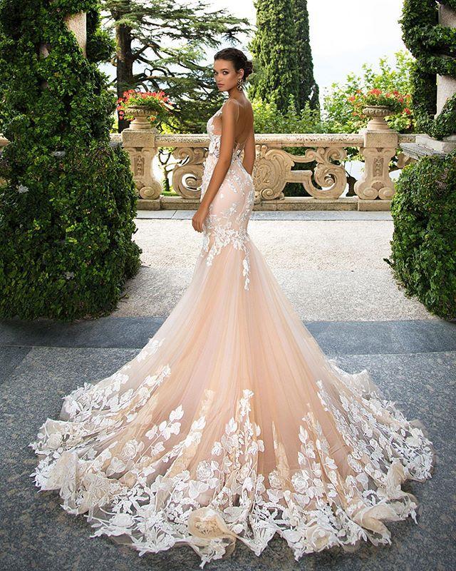 Dingji WeddingjiDress Mermaid Light Pink Lace Appliques Wedding Dresses Short Sleeve Bride Dress