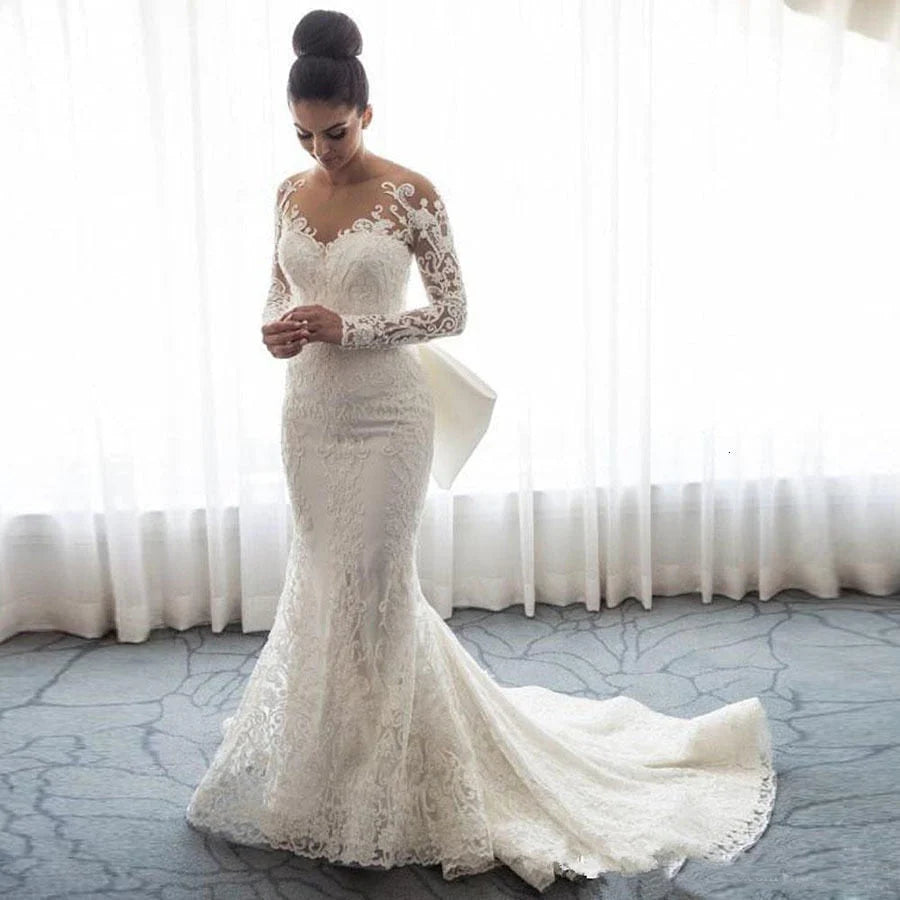 Mermaid Long Sleeves Tulle Wedding Dresses With Applique Court Train Detachable