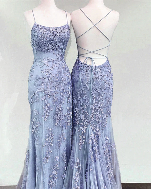 Mermaid Periwinkle Evening Dress Lace Up Back
