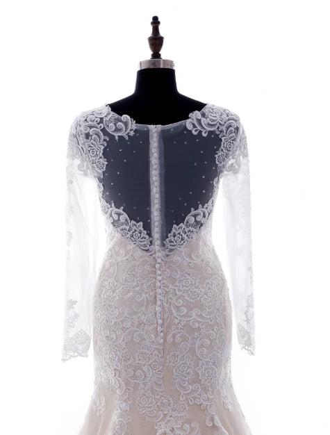 Champagne Lace Appliques Long Sleeves Zipper up Wedding Dress