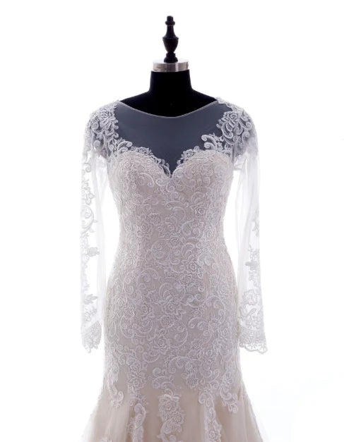 Champagne Lace Appliques Long Sleeves Zipper up Wedding Dress
