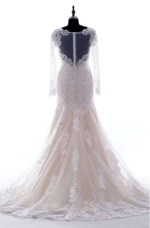 Champagne Lace Appliques Long Sleeves Zipper up Wedding Dress