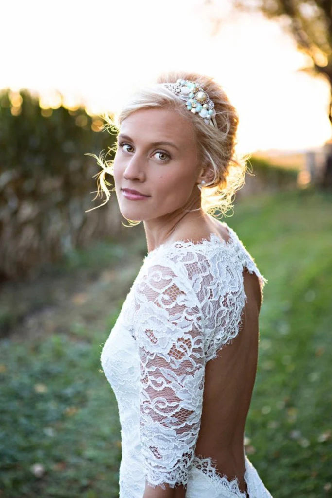 Dingji WeddingjiDress Mermaid Scoop Wedding Dresses 3/4 Length Sleeves Lace Open Back