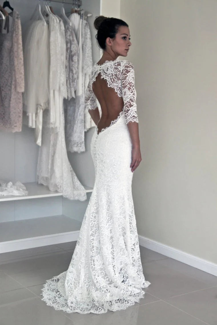 Dingji WeddingjiDress Mermaid Scoop Wedding Dresses 3/4 Length Sleeves Lace Open Back
