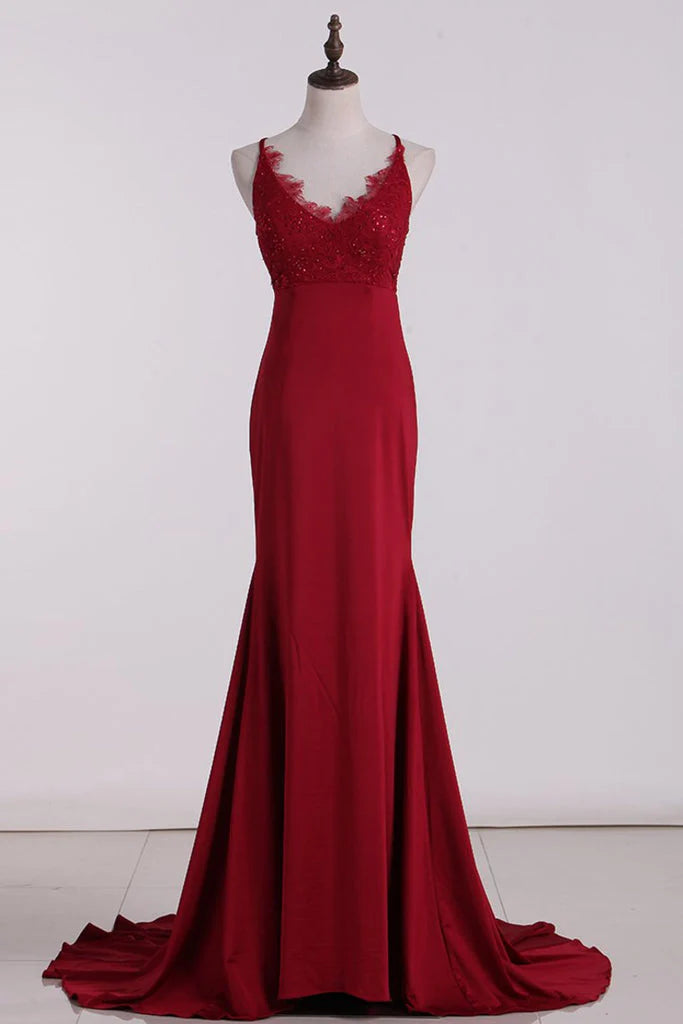 Trumpet/Mermaid Sleeveless Spaghetti Straps Sweep/Brush Train Spandex Prom Dresses