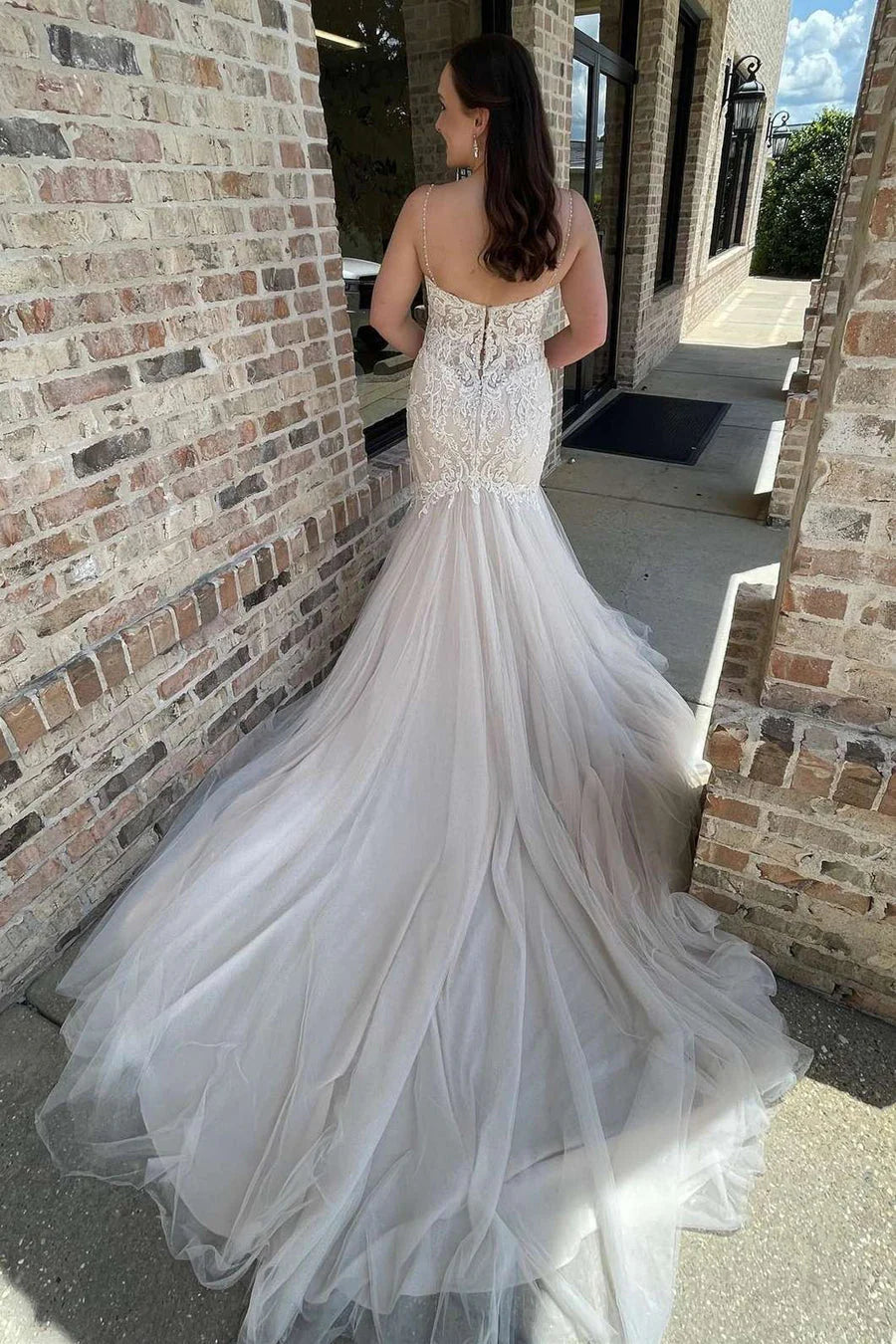 Mermaid Spaghetti Straps Tulle Wedding Dresses With Applique