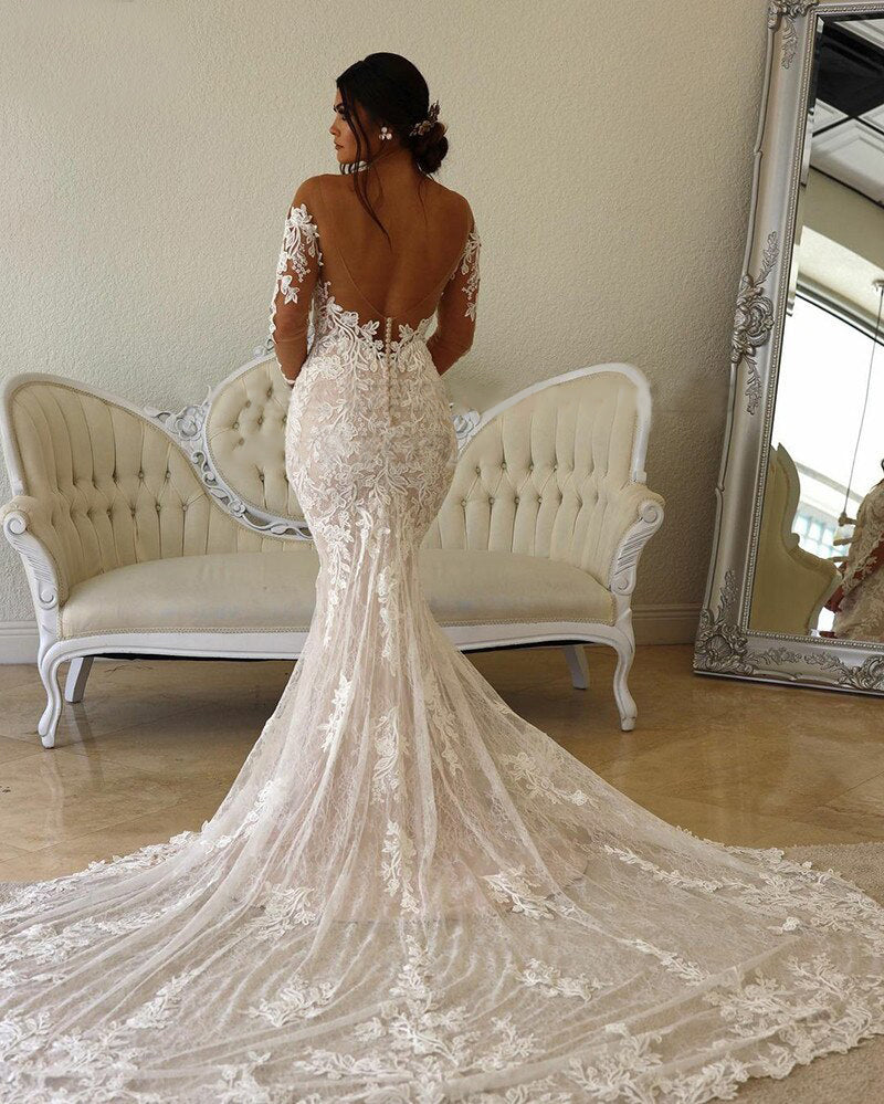 Mermaid/Trumpet Long Sleeves Court Train Tulle With Applique Wedding Dresses