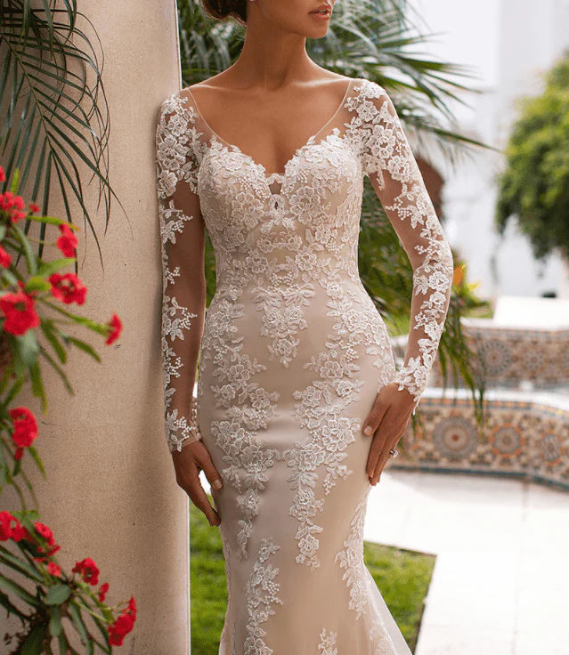 Dingji WeddingjiDress Charming Mermaid Vneck Long Sleeves Ivory Lace Long Wedding Dresses