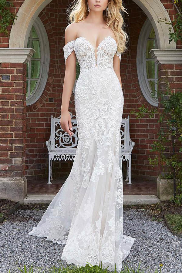 Mermaid Wedding Dresses Off The Shoulder Lace Sweep Train Zipper