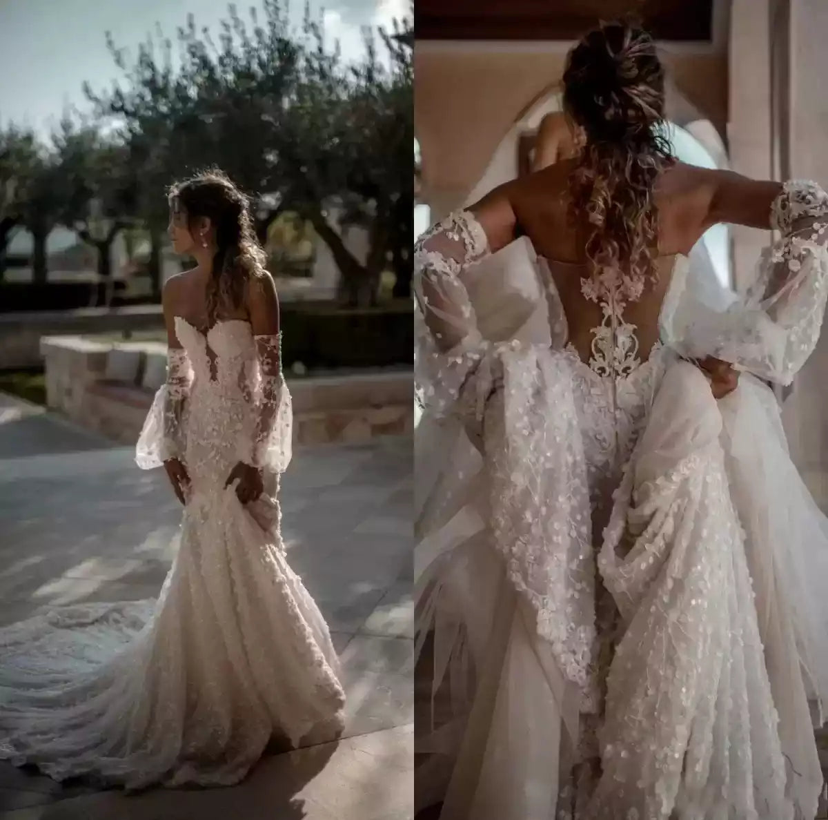Mermaid Wedding Gown Off-the-Shoulder Long Sleeves Sweep Train Appliqued Wedding Dress