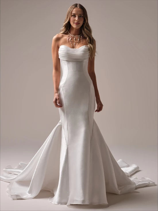 Mermaid off shoulder collar sleeveless strapless backless and floor length wedding dress