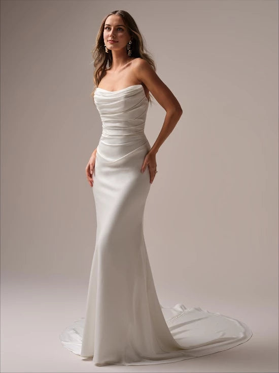 Mermaid off shoulder collar sleeveless strapless beaded backless and floor length wedding dress