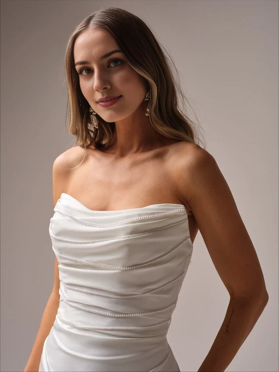 Mermaid off shoulder collar sleeveless strapless beaded backless and floor length wedding dress