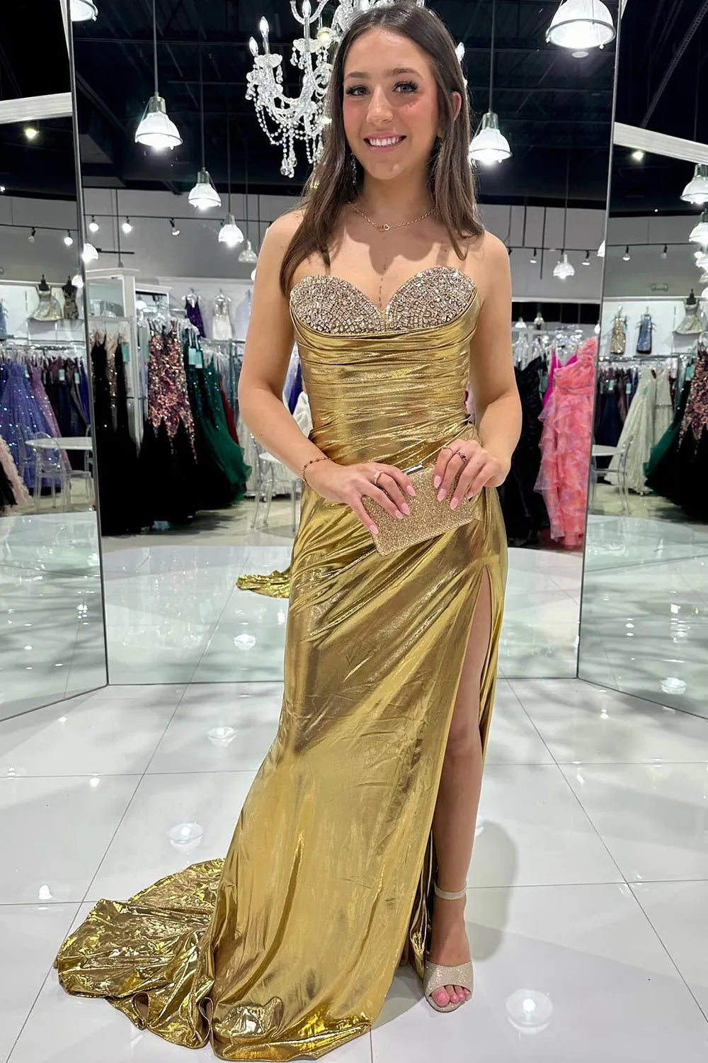 Mermaid Sweetheart Long Metallic Prom Dress with Beading
