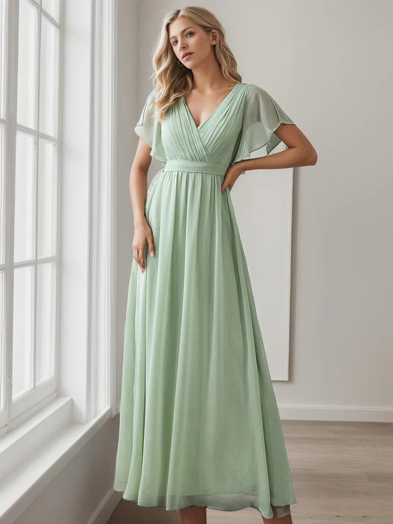 A-Line Pleated Chiffon Tie-Waist Evening Dress