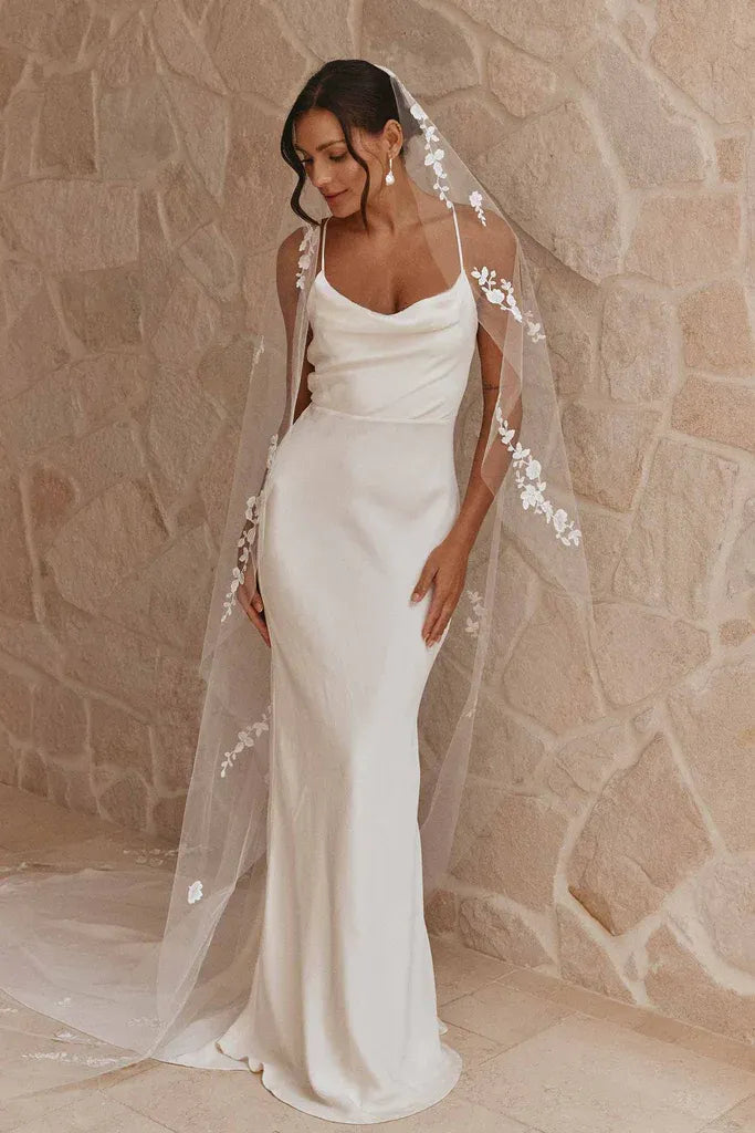 Modern Elegant Bohemian Long Cowl Neck Crepe Mermaid Wedding Dress with Lace-Up Open Back