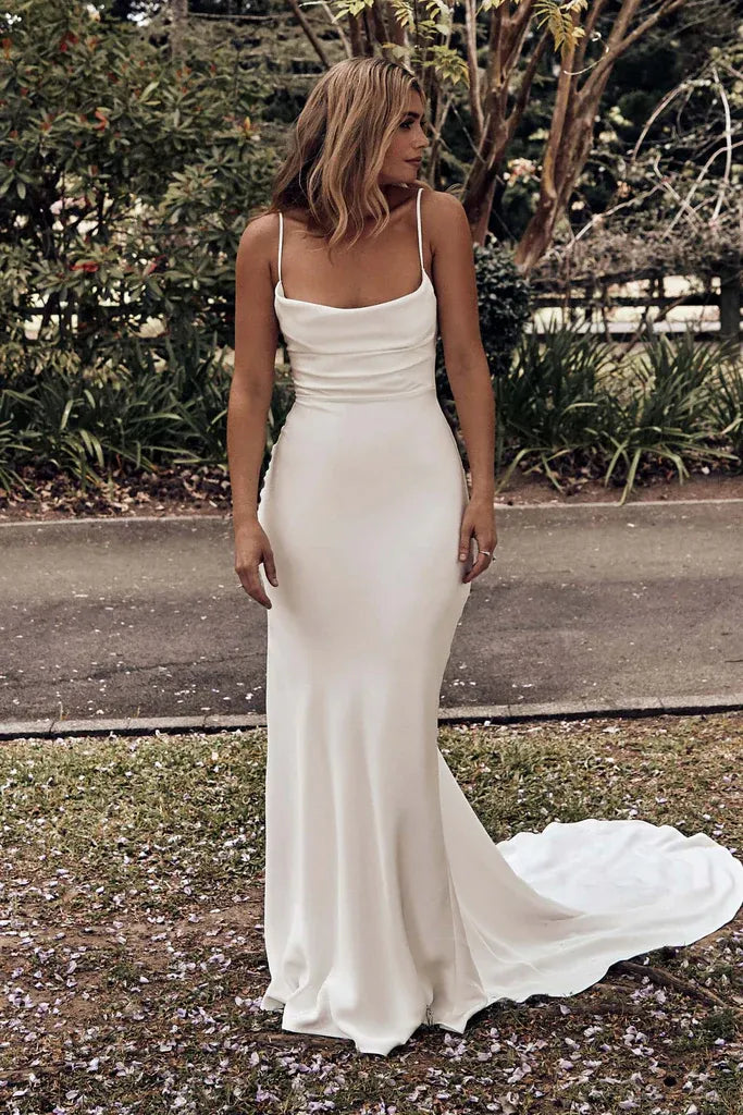 Modern Elegant Bohemian Long Cowl Neck Crepe Mermaid Wedding Dress with Lace-Up Open Back