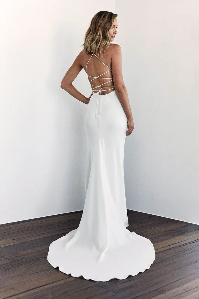 Modern Elegant Bohemian Long Cowl Neck Crepe Mermaid Wedding Dress with Lace-Up Open Back