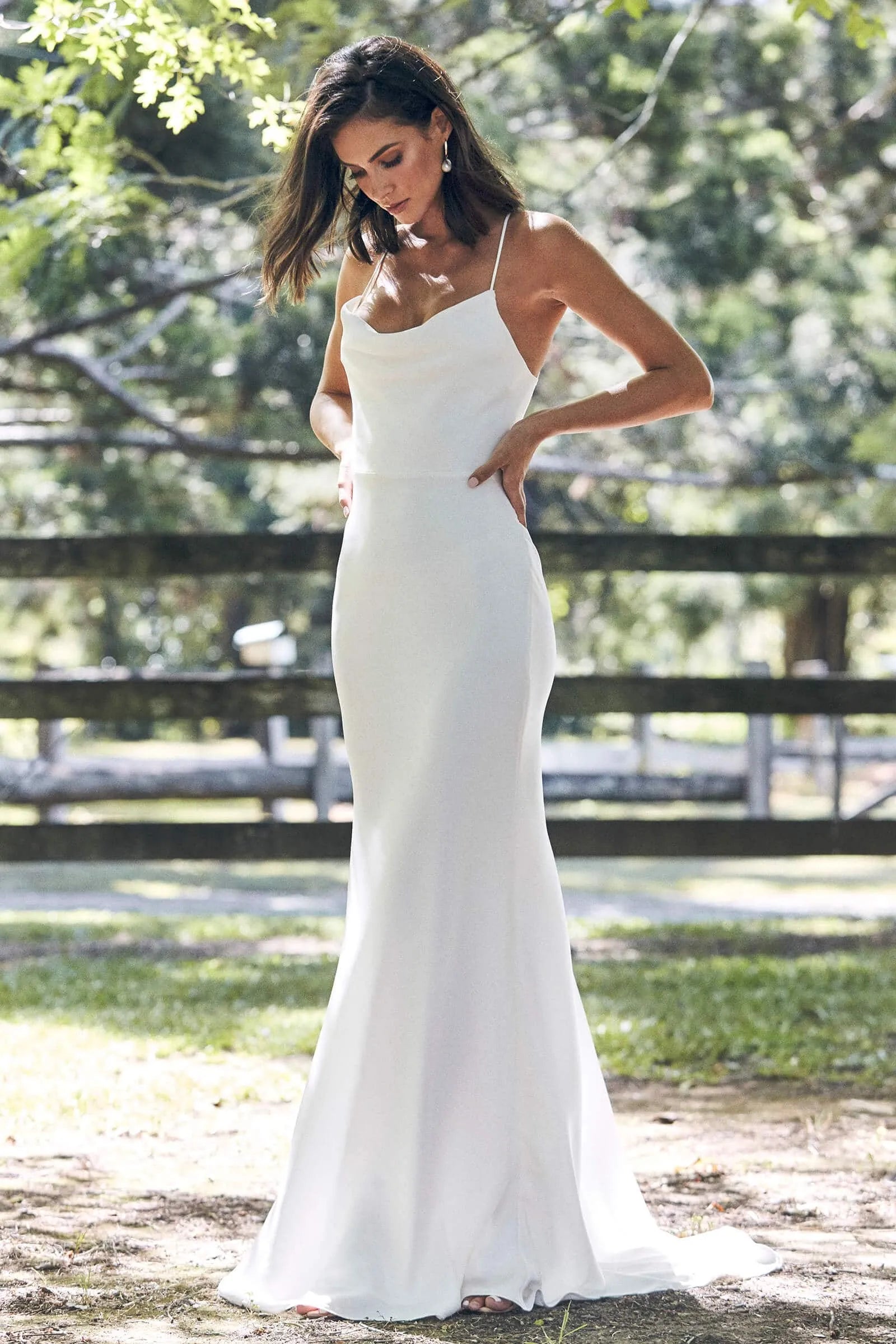 Modern Elegant Bohemian Long Cowl Neck Crepe Mermaid Wedding Dress with Lace-Up Open Back